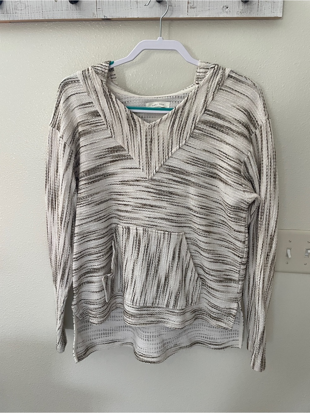 Striped Cream V-Neck Pullover Hoodie with Front Pocket